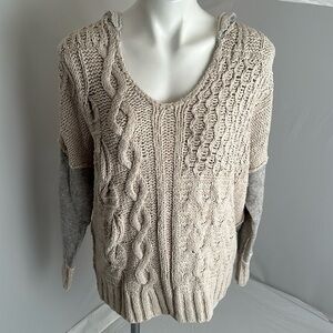 Free People cream cable knit gray mixed media boho sweater hoodie